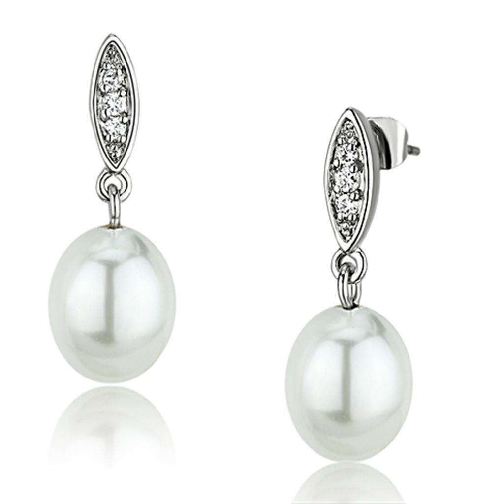 JCE378 Rhodium Brass Earrings with Synthetic Pearl in White