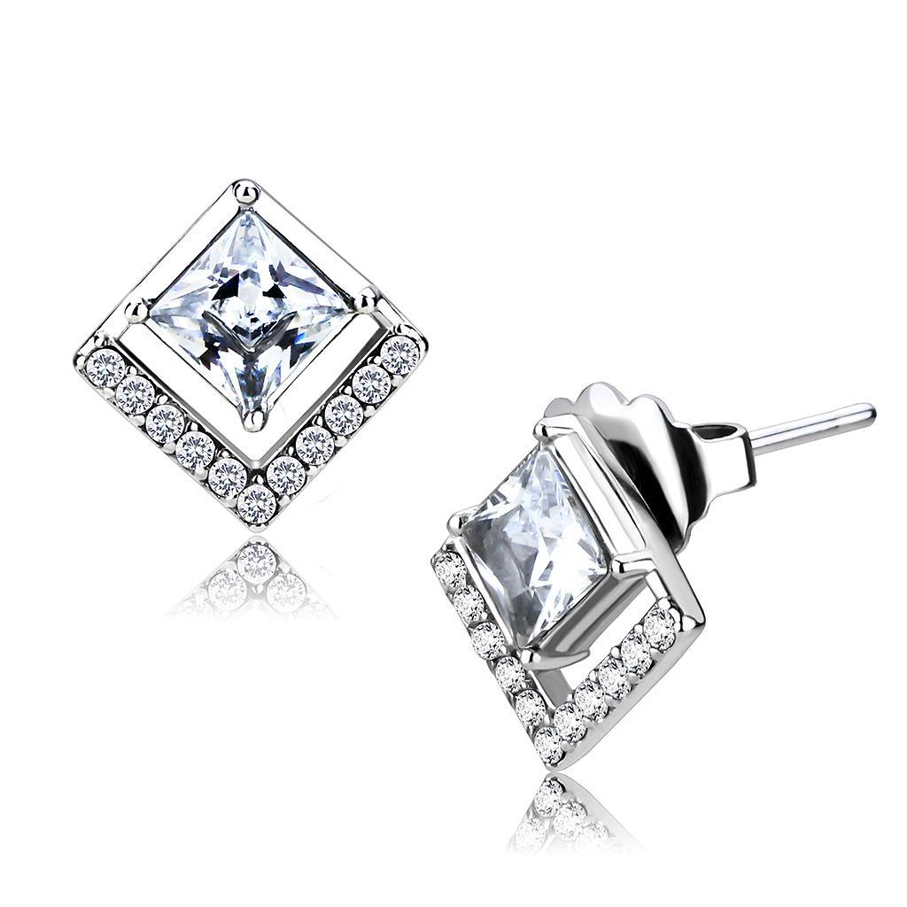 JCE071 High polished (no plating) Stainless Steel Earrings with AAA Grade CZ  in Clear