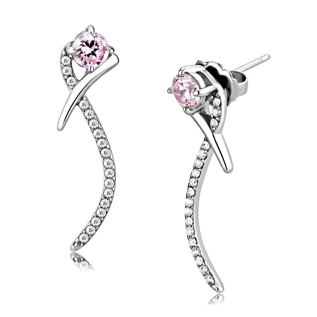 JCE188 High polished (no plating) Stainless Steel Earrings with AAA Grade CZ  in Rose