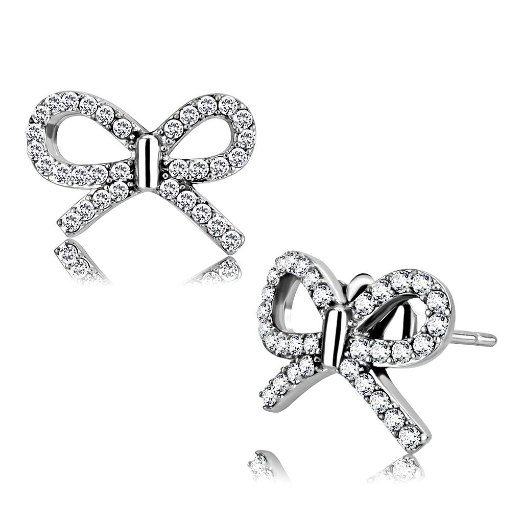JCE197 High polished (no plating) Stainless Steel Earrings with AAA Grade CZ  in Clear