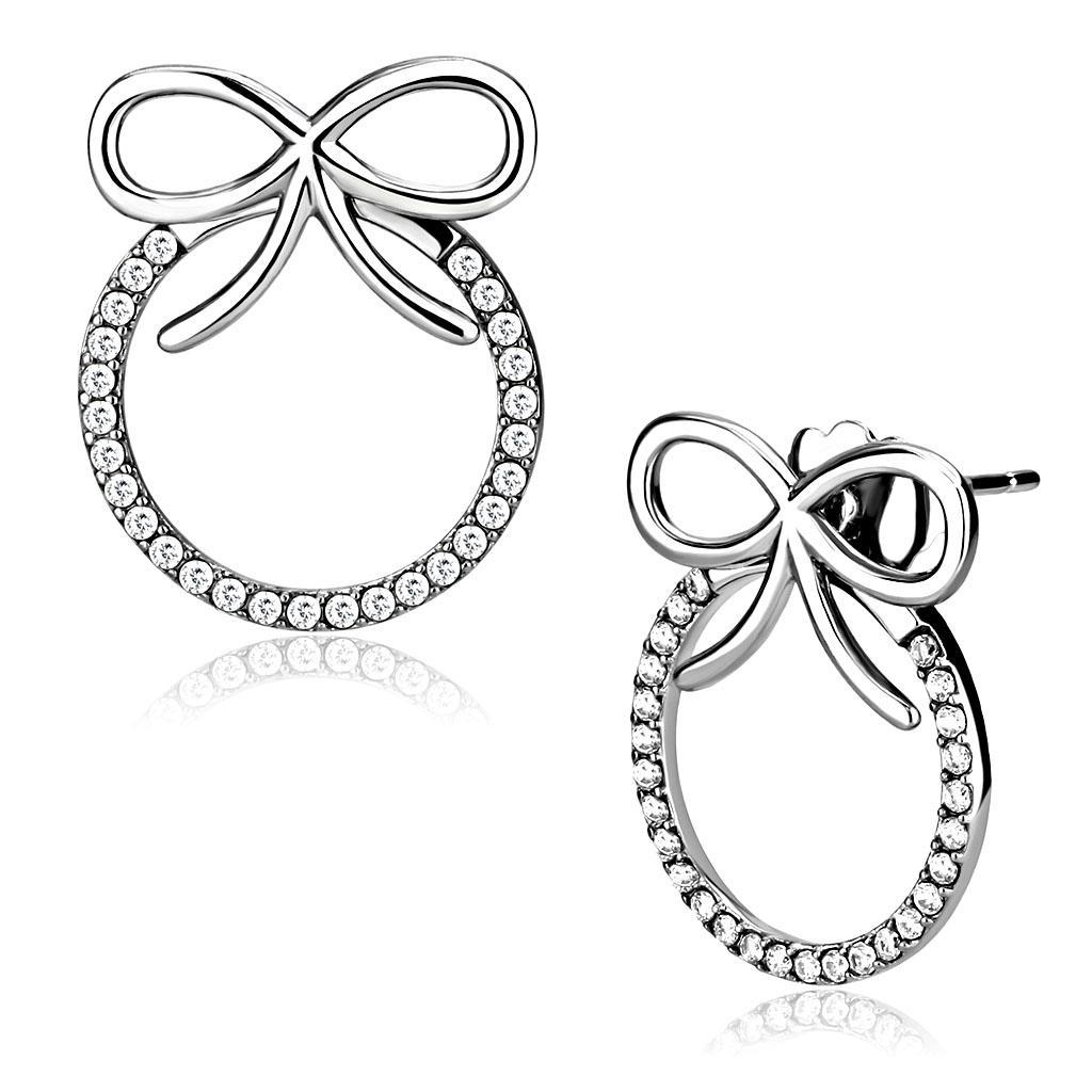 JCE218 High polished (no plating) Stainless Steel Earrings with AAA Grade CZ  in Clear