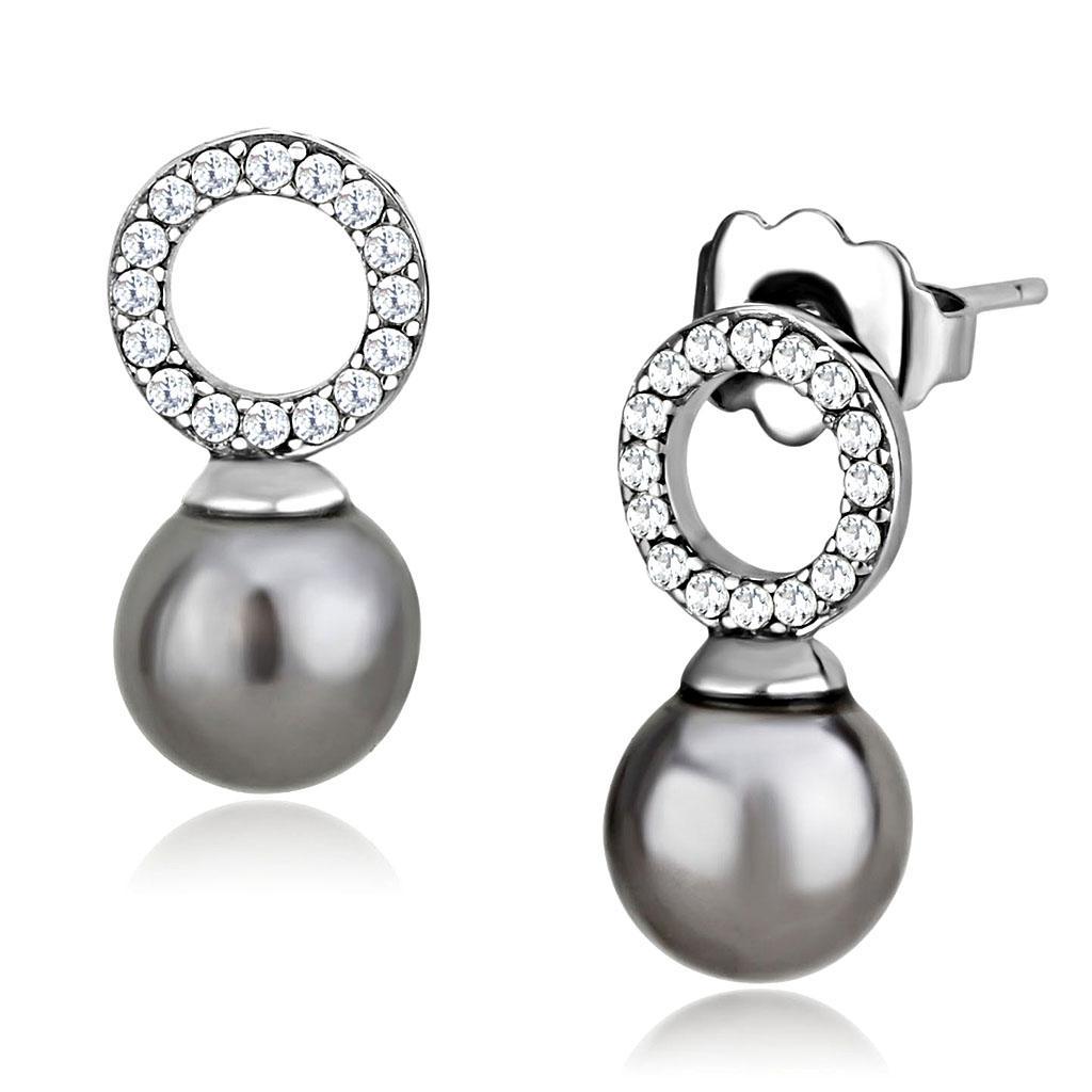 JCE221 High polished (no plating) Stainless Steel Earrings with Synthetic Pearl in Gray