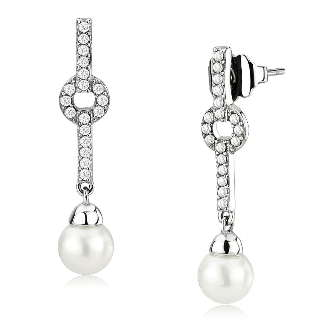 JCE370 High polished (no plating) Stainless Steel Earrings with Synthetic Pearl in White