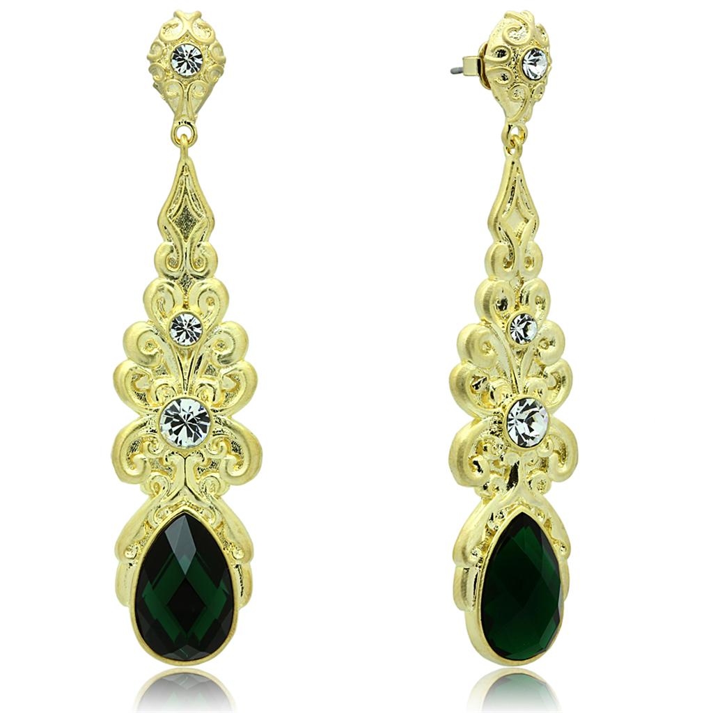 JCE3669 Gold & Brush Brass Earrings with Synthetic Synthetic Glass in Emerald