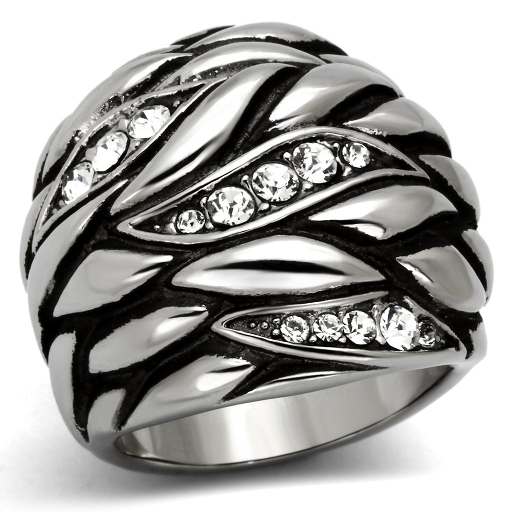 JCE1020 High polished (no plating) Stainless Steel Ring with Top Grade Crystal  in Clear