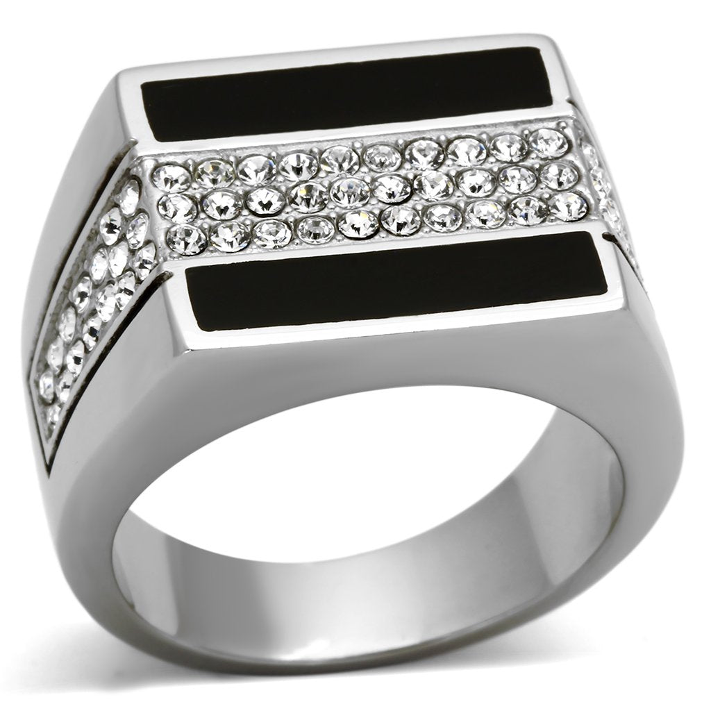 JCE1048 High polished (no plating) Stainless Steel Ring with Top Grade Crystal  in Clear