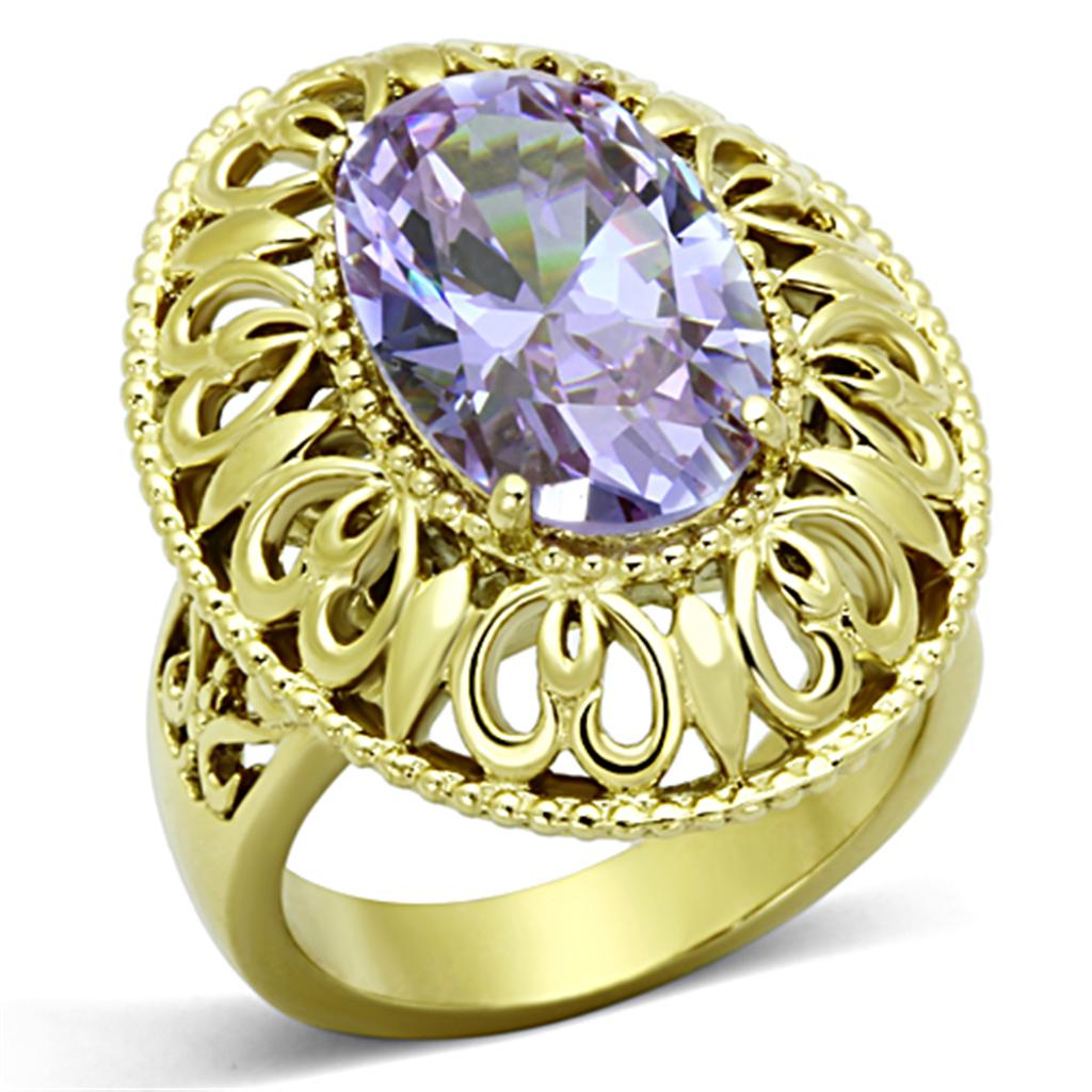 JCE1110 IP Gold(Ion Plating) Stainless Steel Ring with AAA Grade CZ  in Light Amethyst