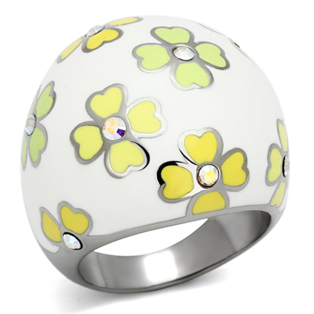 JCE1139 High polished (no plating) Stainless Steel Ring with Top Grade Crystal  in Aurora Borealis (Rainbow Effect)
