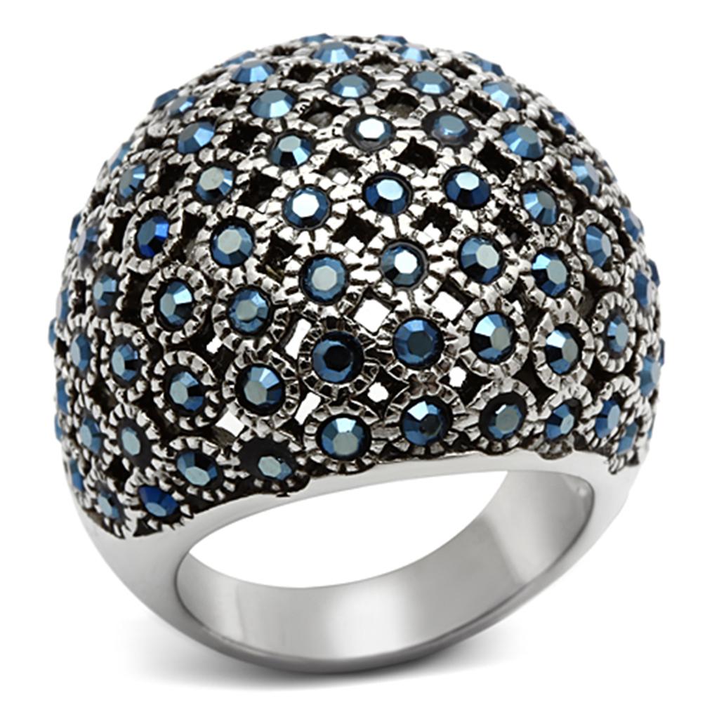 JCE1143 High polished (no plating) Stainless Steel Ring with Top Grade Crystal  in Aquamarine AB