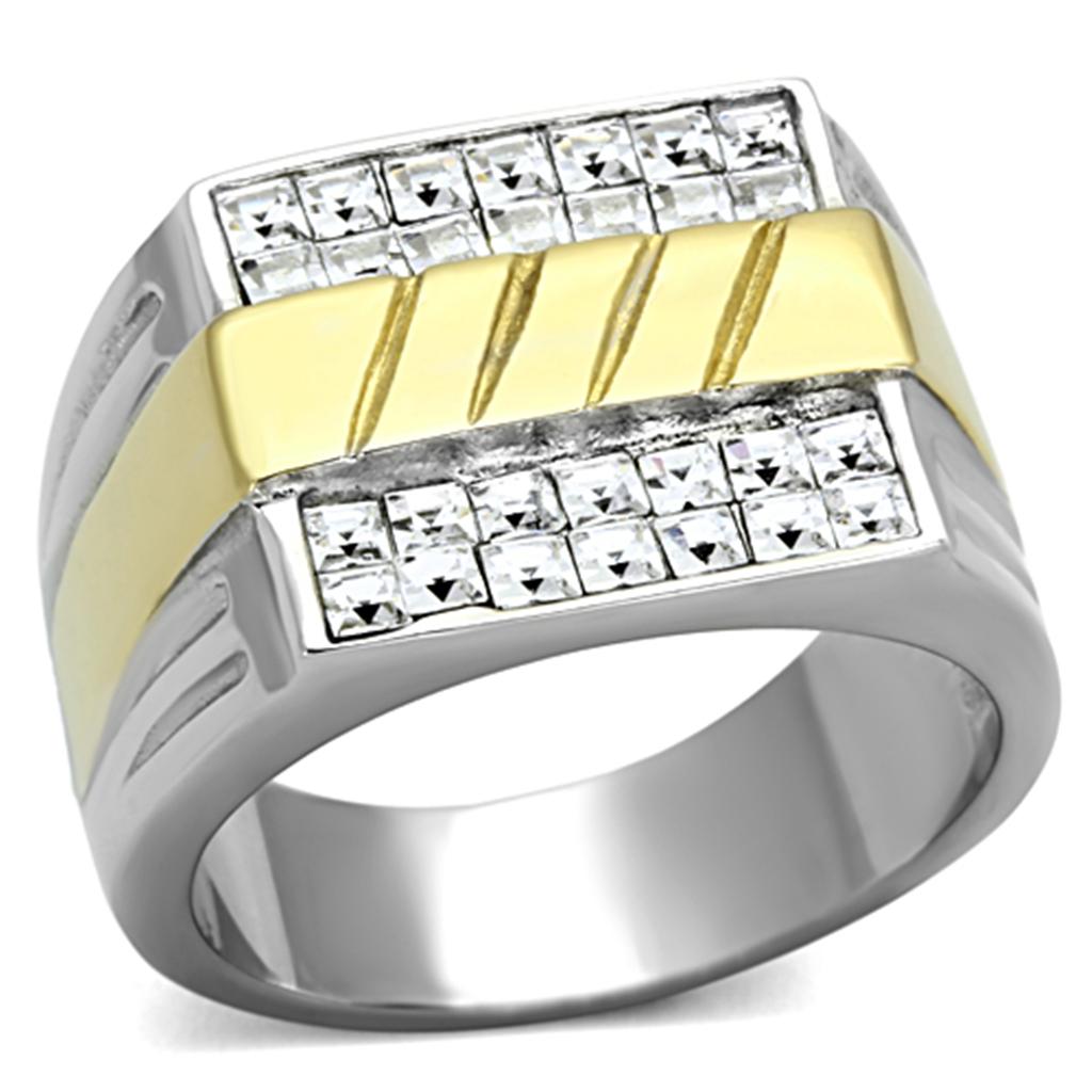 JCE1193 Two-Tone IP Gold (Ion Plating) Stainless Steel Ring with Top Grade Crystal  in Clear