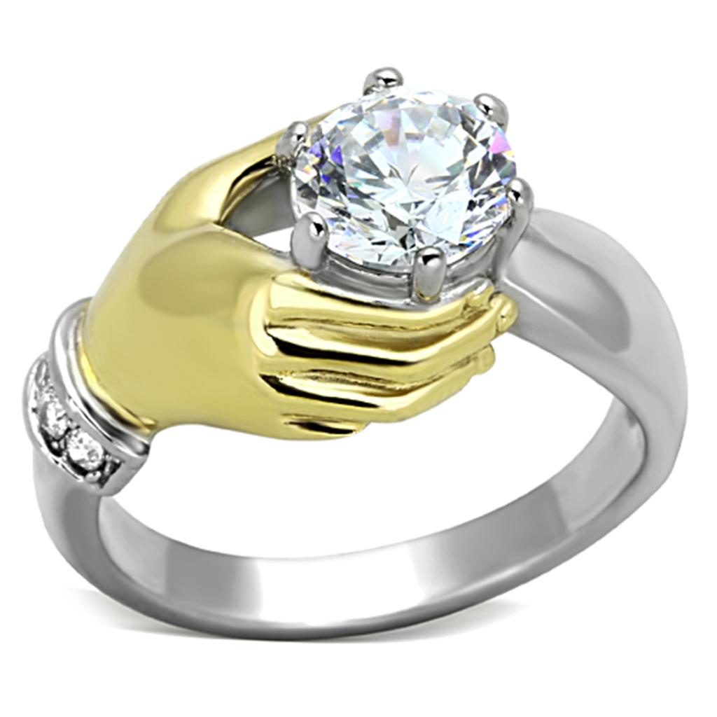 JCE1324 Two-Tone IP Gold (Ion Plating) Stainless Steel Ring with AAA Grade CZ  in Clear