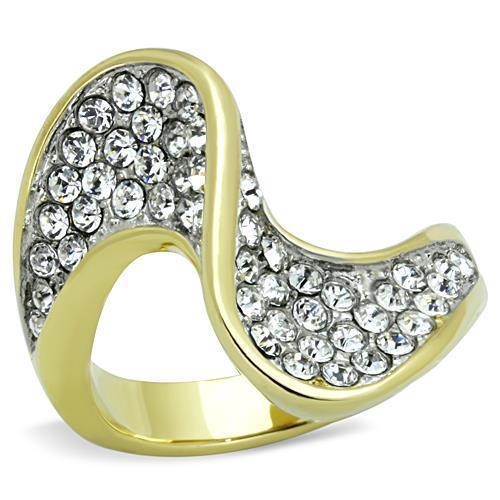 JCE1549 Two-Tone IP Gold (Ion Plating) Stainless Steel Ring with Top Grade Crystal  in Clear