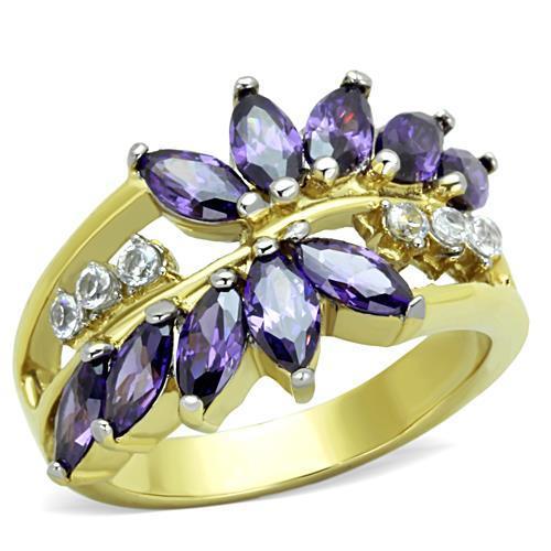 JCE1568 Two-Tone IP Gold (Ion Plating) Stainless Steel Ring with AAA Grade CZ  in Amethyst