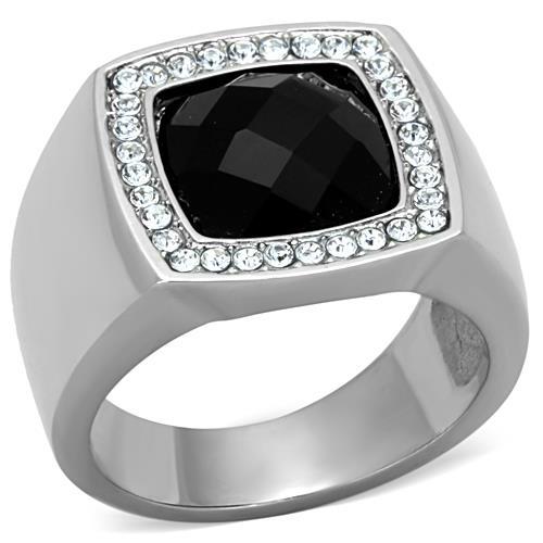 JCE1616 High polished (no plating) Stainless Steel Ring with Semi-Precious Onyx in Jet