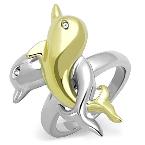 JCE1698 Two-Tone IP Gold (Ion Plating) Stainless Steel Ring with Top Grade Crystal  in Clear