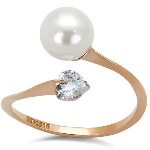 JCE1837 IP Rose Gold(Ion Plating) Stainless Steel Ring with Synthetic Pearl in White