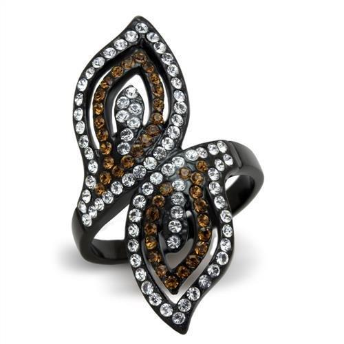 JCE1864 IP Black(Ion Plating) Stainless Steel Ring with Top Grade Crystal  in Smoked Quartz