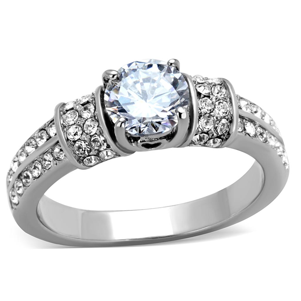 JCE1921 High polished (no plating) Stainless Steel Ring with AAA Grade CZ  in Clear