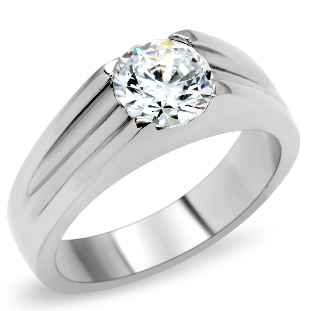 JCE193 High polished (no plating) Stainless Steel Ring with AAA Grade CZ  in Clear