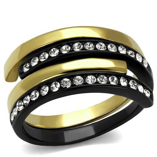 JCE2298 IP Gold+ IP Black (Ion Plating) Stainless Steel Ring with Top Grade Crystal  in Clear