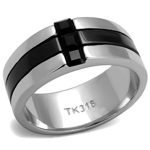 JCE2516 High polished (no plating) Stainless Steel Ring with Top Grade Crystal  in Jet