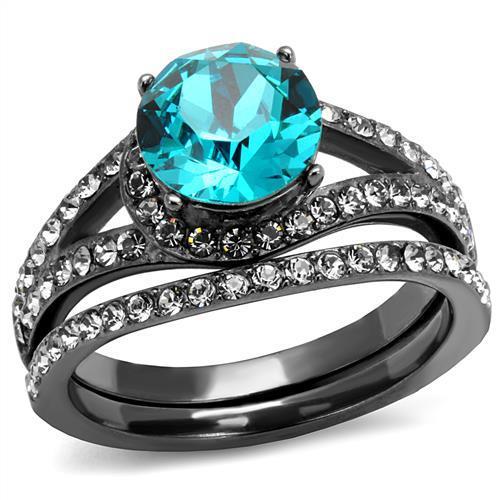 JCE2744 IP Light Black  (IP Gun) Stainless Steel Ring with Top Grade Crystal  in Blue Zircon