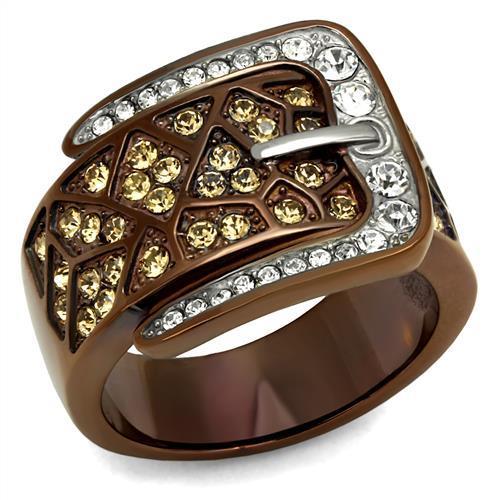 JCE2770 Two Tone IP Light Brown (IP Light coffee) Stainless Steel Ring with Top Grade Crystal  in Citrine Yellow