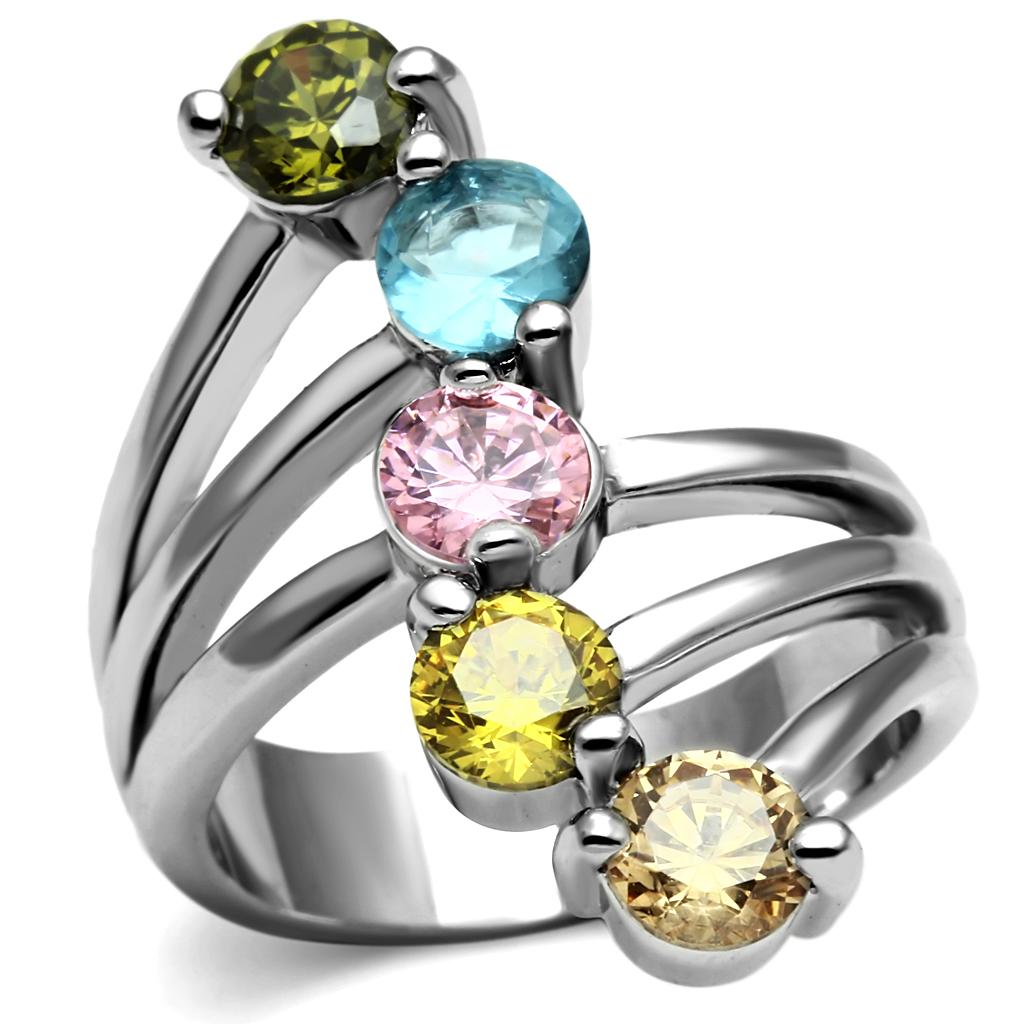 JCE2876 High polished (no plating) Stainless Steel Ring with AAA Grade CZ  in Multi Color