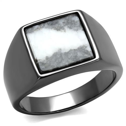 JCE3005 IP Light Black  (IP Gun) Stainless Steel Ring with Semi-Precious Zebra Jasper in Gray