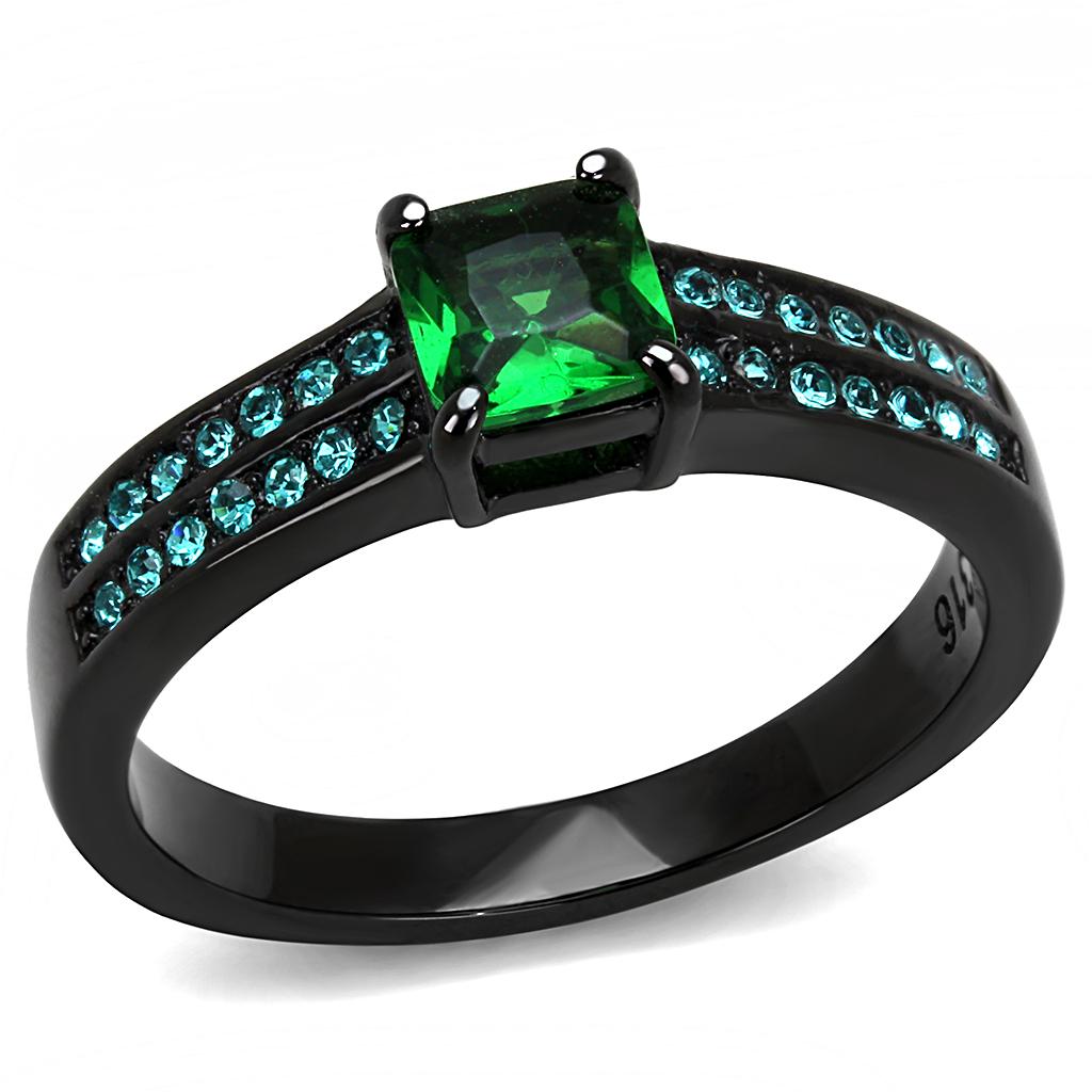 JCE3064 IP Black(Ion Plating) Stainless Steel Ring with Synthetic Synthetic Glass in Emerald