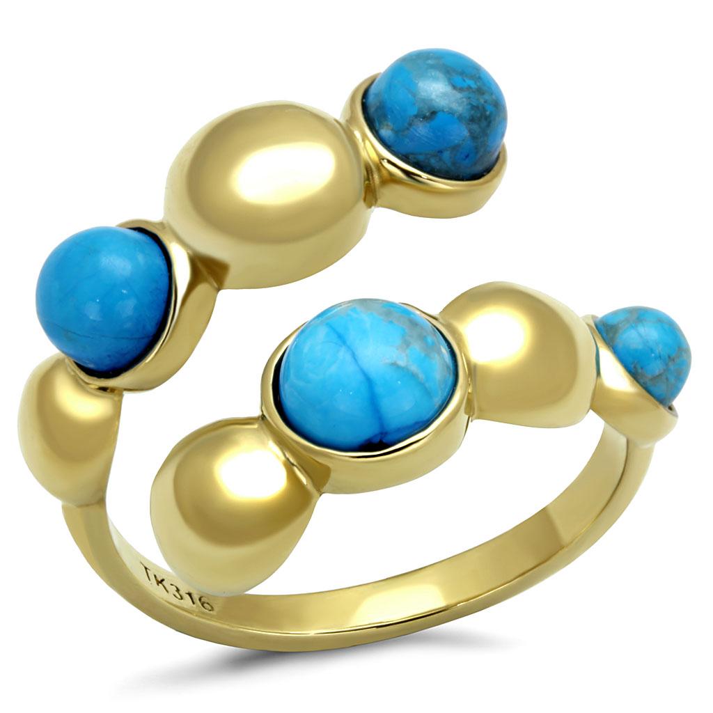 JCE3091 IP Gold(Ion Plating) Stainless Steel Ring with Semi-Precious Turquoise in Sea Blue
