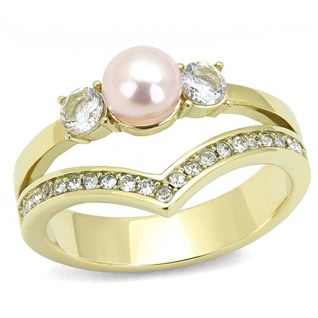 JCE3126 IP Gold(Ion Plating) Stainless Steel Ring with Synthetic Pearl in Rose