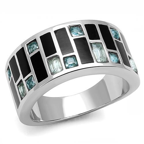 JCE3175 High polished (no plating) Stainless Steel Ring with Synthetic Synthetic Glass in Sea Blue
