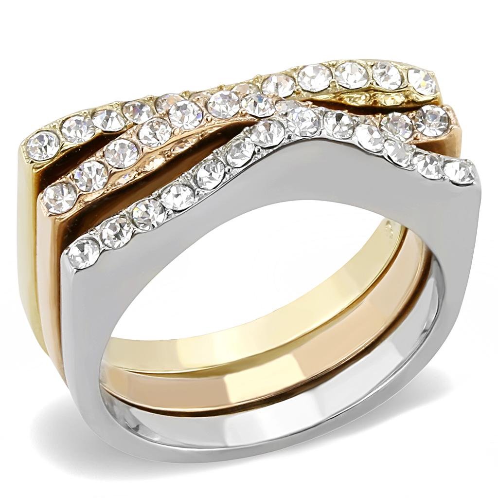 JCE3234 Three Tone IP+»-+-åIP Gold & IP Rose Gold & High Polished) Stainless Steel Ring with Top Grade Crystal  in Clear