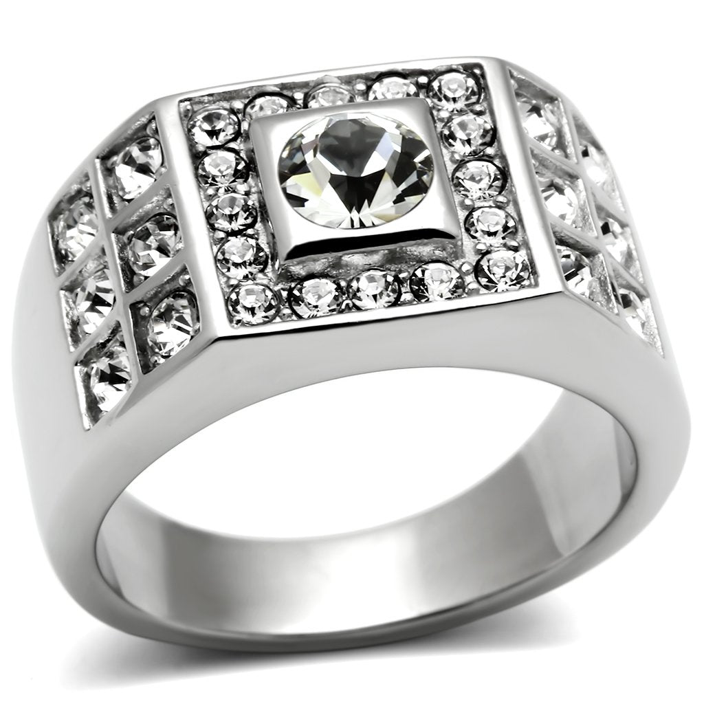 JCE350 High polished (no plating) Stainless Steel Ring with Top Grade Crystal  in Clear
