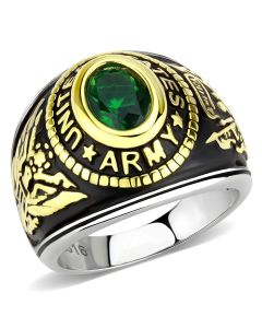 JCE3724 Two-Tone IP Gold (Ion Plating) Stainless Steel Ring with Synthetic Synthetic Glass in Emerald
