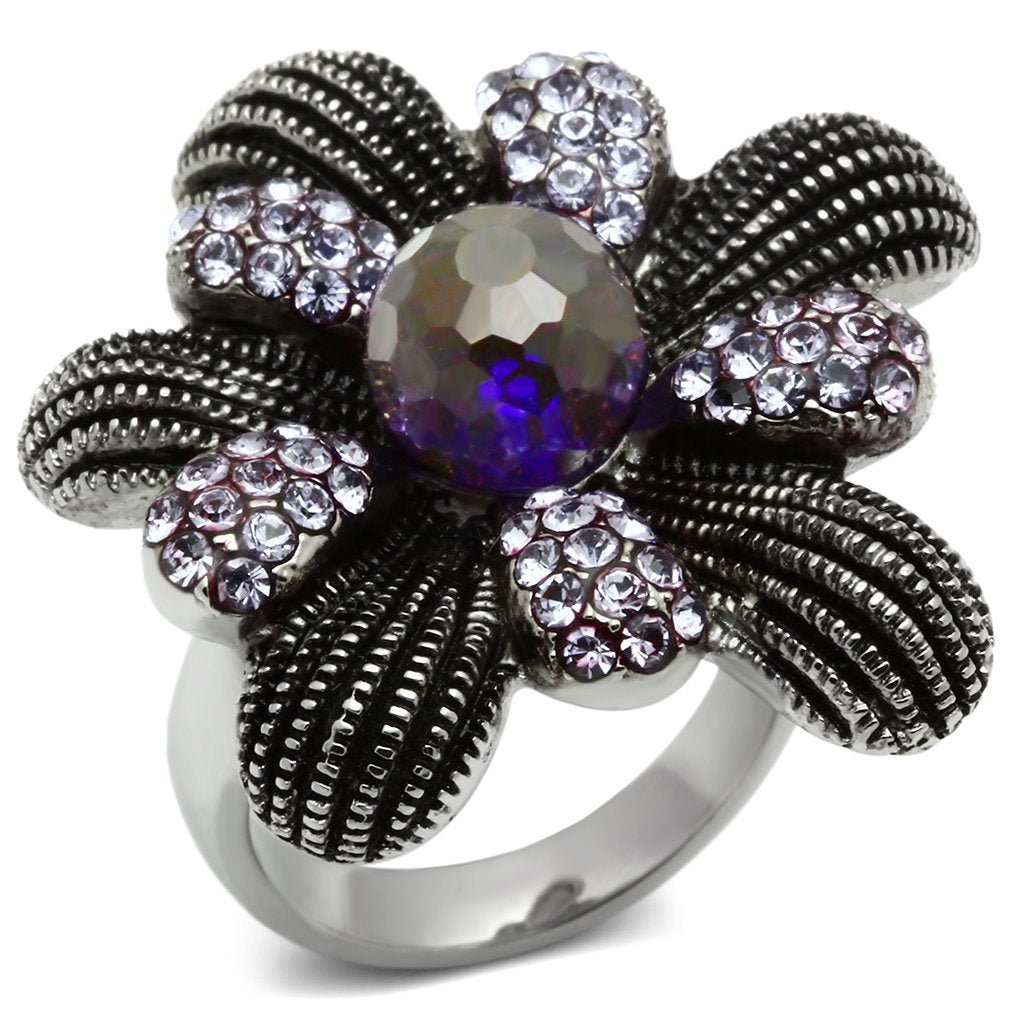 JCE607 High polished (no plating) Stainless Steel Ring with Synthetic Synthetic Glass in Amethyst