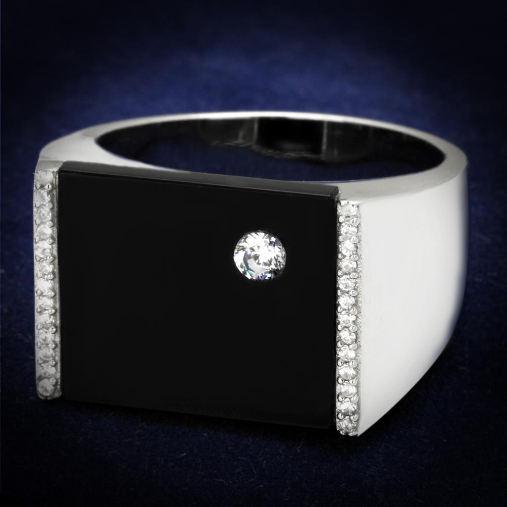 JCE459 Rhodium 925 Sterling Silver Ring with Synthetic Onyx in Jet