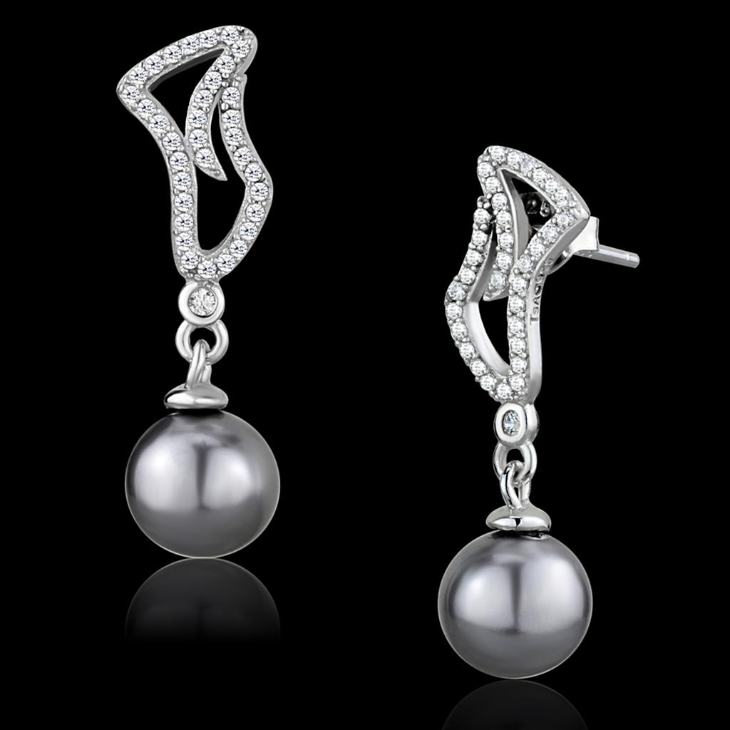 JCE479 Rhodium 925 Sterling Silver Earrings with Synthetic Pearl in Gray