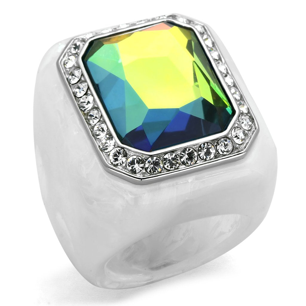 JCE111 High polished (no plating) Stainless Steel Ring with Synthetic Synthetic Stone in Aquamarine AB